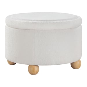 Scranton & Co Round Storage Ottoman in Ivory Sherpa with Wood Feet