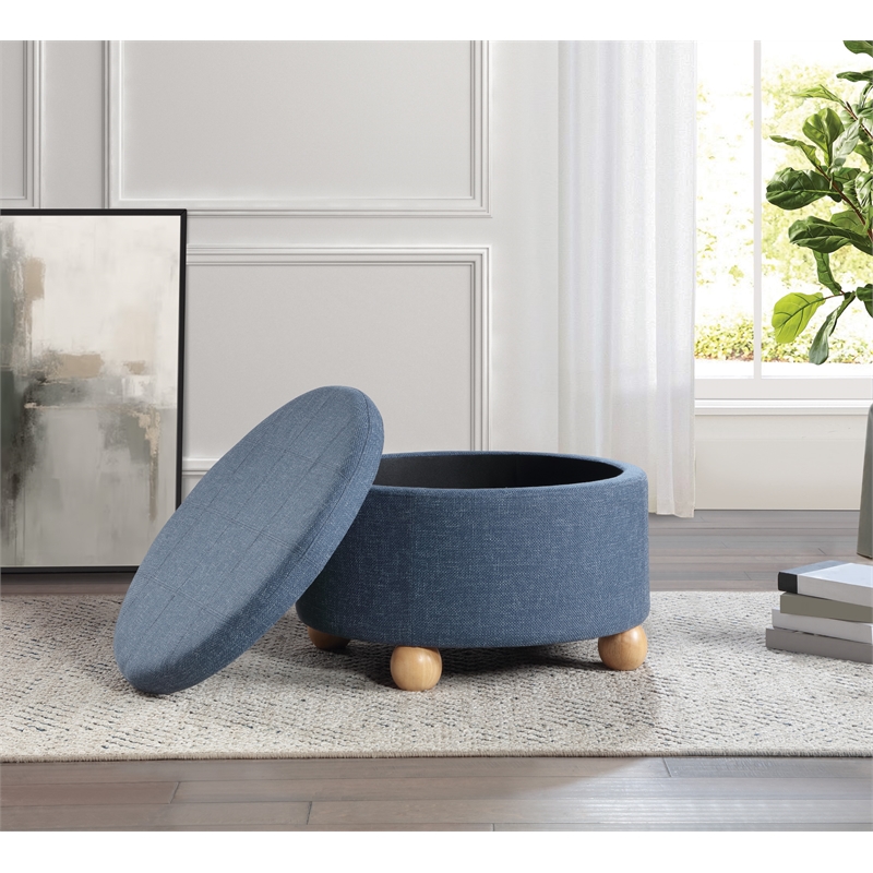Scranton & Co Round Storage Ottoman in Navy Fabric with Wood Feet