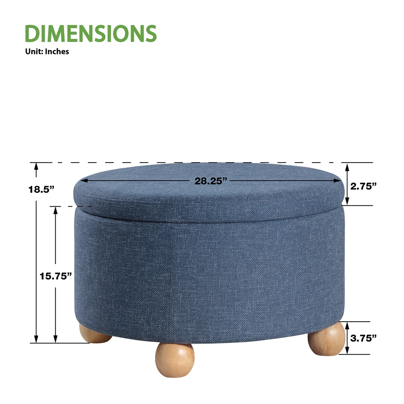 Scranton & Co Round Storage Ottoman in Navy Fabric with Wood Feet