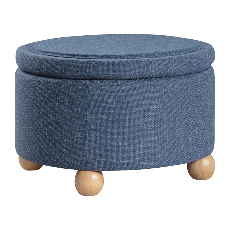 Scranton & Co Round Storage Ottoman in Navy Fabric with Wood Feet