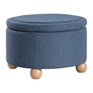 Scranton & Co Round Storage Ottoman in Navy Fabric with Wood Feet