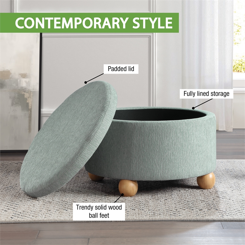 Scranton & Co Round Storage Ottoman in Light Gray Mist Fabric Wood Feet