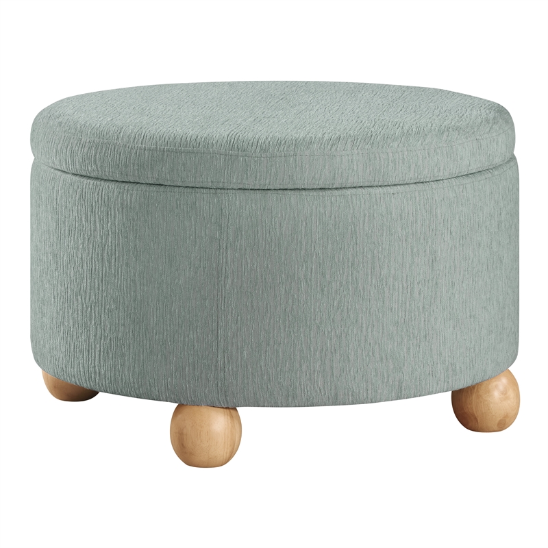 Scranton & Co Round Storage Ottoman in Light Gray Mist Fabric Wood Feet