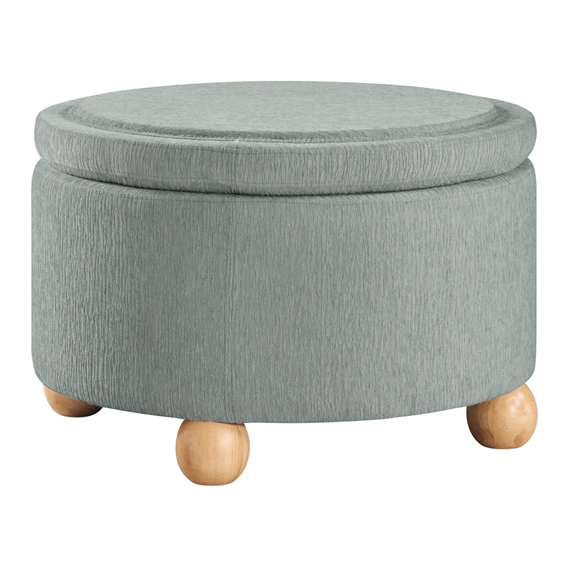 Scranton & Co Round Storage Ottoman in Light Gray Mist Fabric Wood Feet