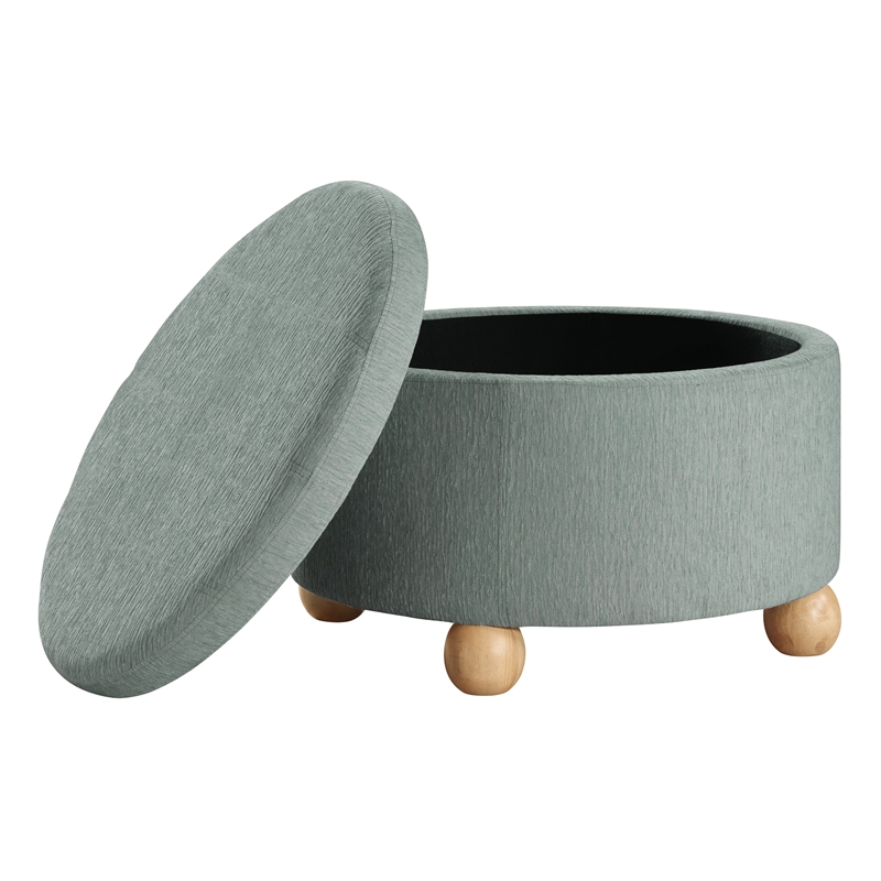Scranton & Co Round Storage Ottoman in Light Gray Mist Fabric Wood Feet