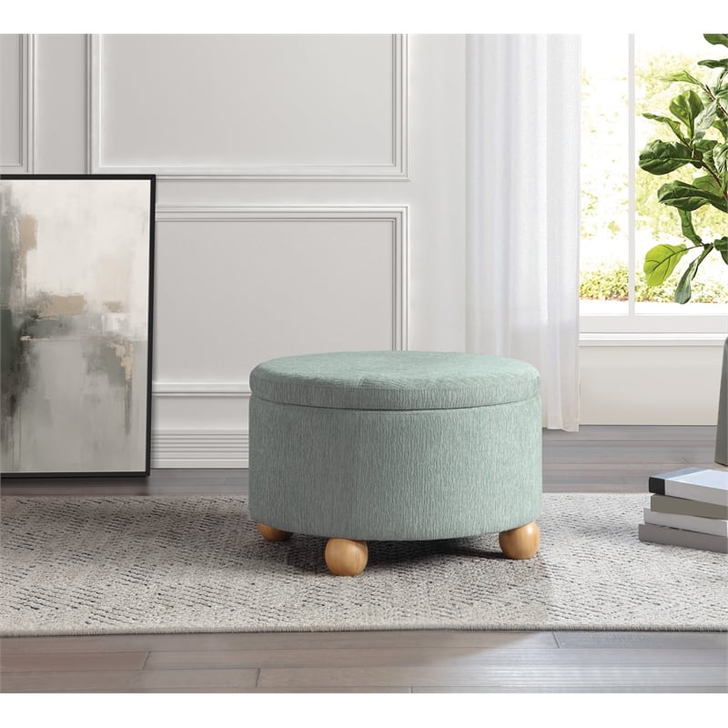 Scranton & Co Round Storage Ottoman in Light Gray Mist Fabric Wood Feet