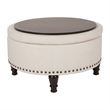 Scranton & Co Round Storage Ottoman in Linen Cream Fabric with Nailheads