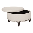 Scranton & Co Round Storage Ottoman in Linen Cream Fabric with Nailheads