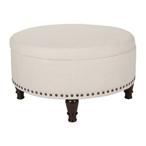 Scranton & Co Round Storage Ottoman in Linen Cream Fabric with Nailheads
