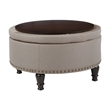 Scranton & Co Round Storage Ottoman in Dolphin Gray Fabric with Nailheads