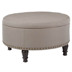 Scranton & Co Round Storage Ottoman in Dolphin Gray Fabric with Nailheads