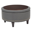 Scranton & Co Round Storage Ottoman in Charcoal Fabric with Bronze Nailheads