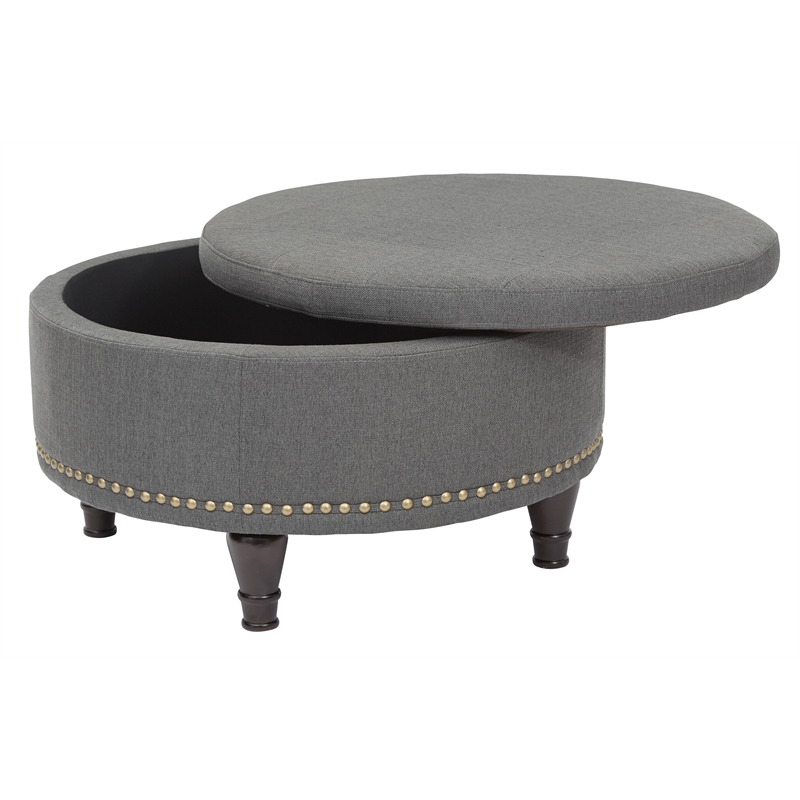 Scranton & Co Round Storage Ottoman in Charcoal Fabric with Bronze Nailheads