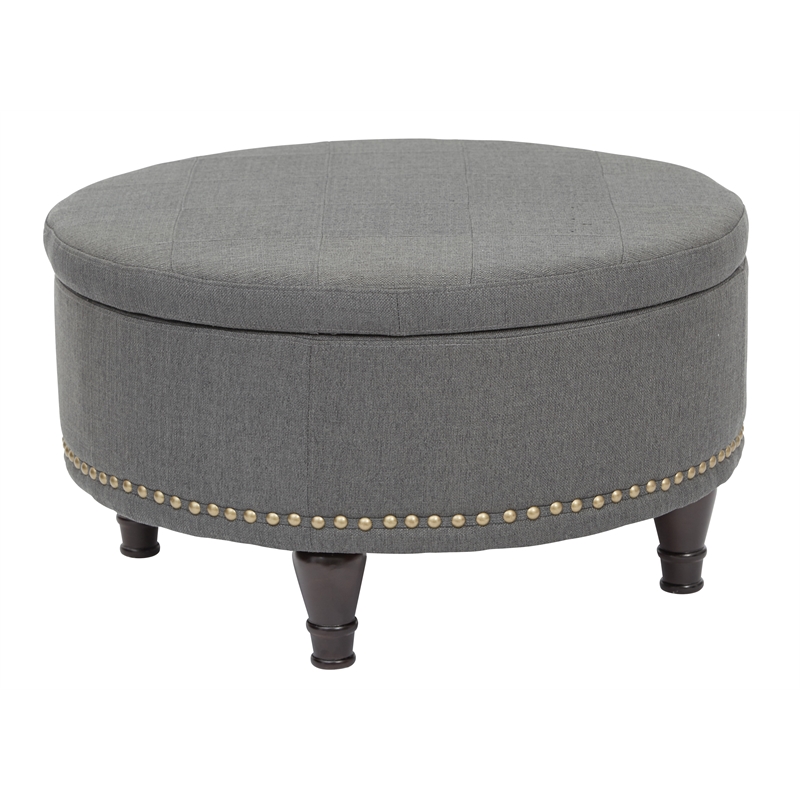 Scranton & Co Round Storage Ottoman in Charcoal Fabric with Bronze Nailheads