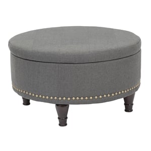 Scranton & Co Round Storage Ottoman in Charcoal Fabric with Bronze Nailheads