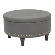 Scranton & Co Round Storage Ottoman in Charcoal Fabric with Bronze Nailheads