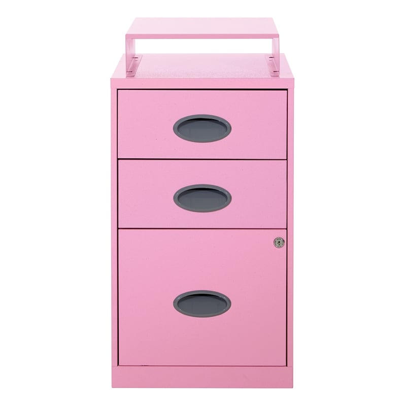 Scranton & Co 3-Drawer Locking Metal File Cabinet with Top Shelf in Pink