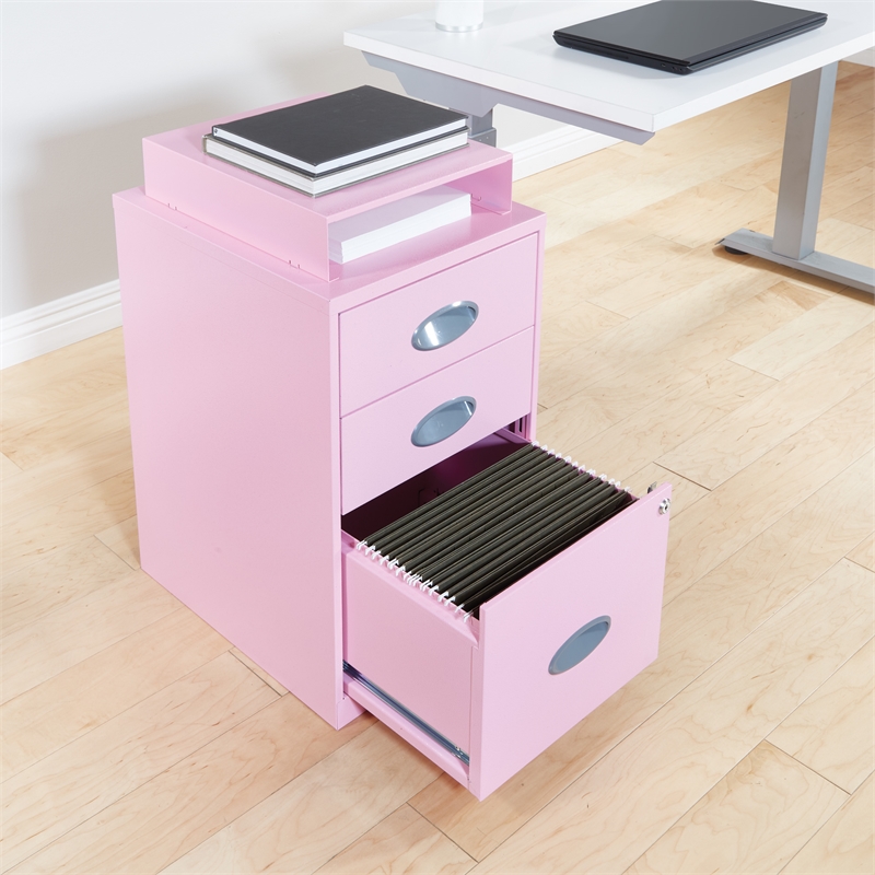 Scranton & Co 3-Drawer Locking Metal File Cabinet with Top Shelf in Pink