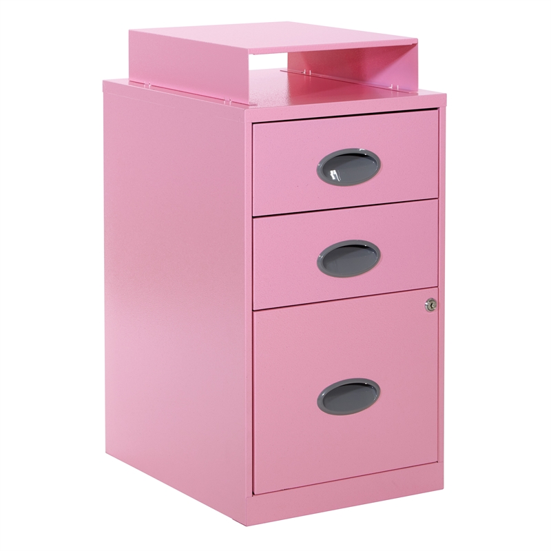 Scranton & Co 3-Drawer Locking Metal File Cabinet with Top Shelf in Pink