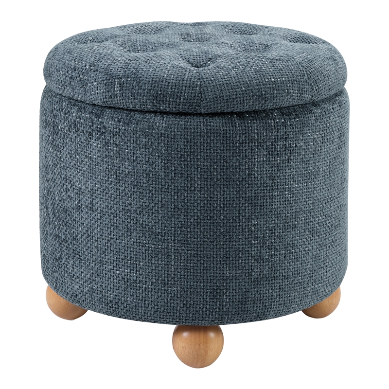 Scranton & Co Round Storage Ottoman in Blue Fabric with Natural Wood Feet