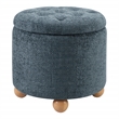 Scranton & Co Round Storage Ottoman in Blue Fabric with Natural Wood Feet