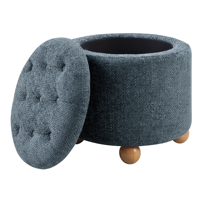 Scranton & Co Round Storage Ottoman in Blue Fabric with Natural Wood Feet
