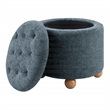 Scranton & Co Round Storage Ottoman in Blue Fabric with Natural Wood Feet