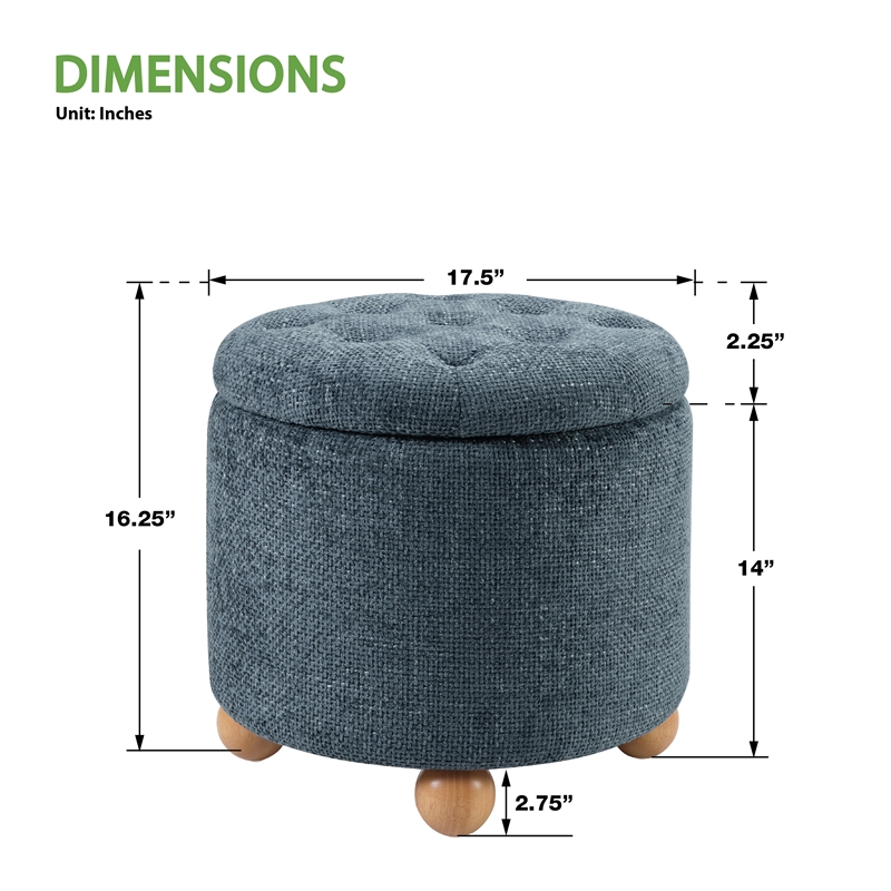 Scranton & Co Round Storage Ottoman in Blue Fabric with Natural Wood Feet
