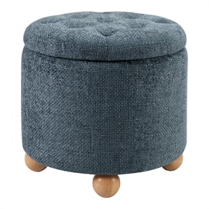 Scranton & Co Round Storage Ottoman in Blue Fabric with Natural Wood Feet