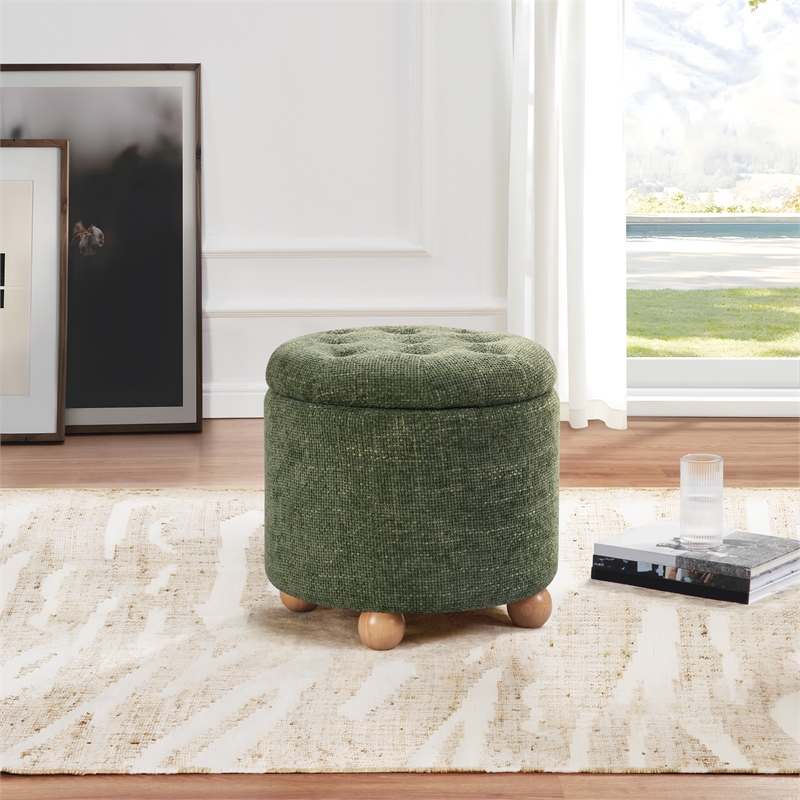 Scranton & Co Round Storage Ottoman in Green Fabric with Natural Wood Feet