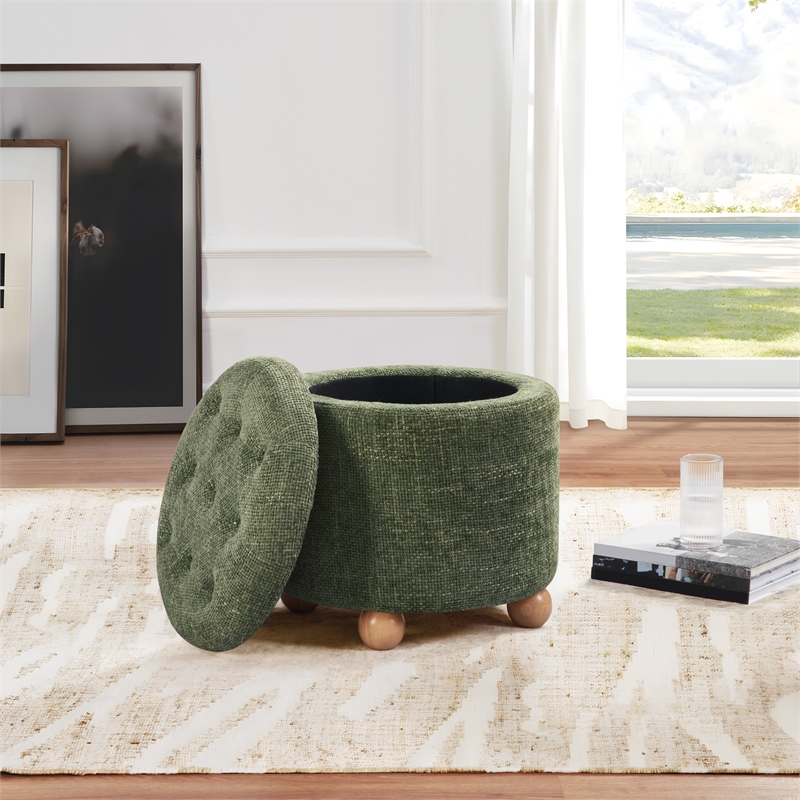 Scranton & Co Round Storage Ottoman in Green Fabric with Natural Wood Feet