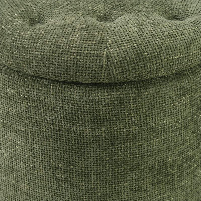 Scranton & Co Round Storage Ottoman in Green Fabric with Natural Wood Feet
