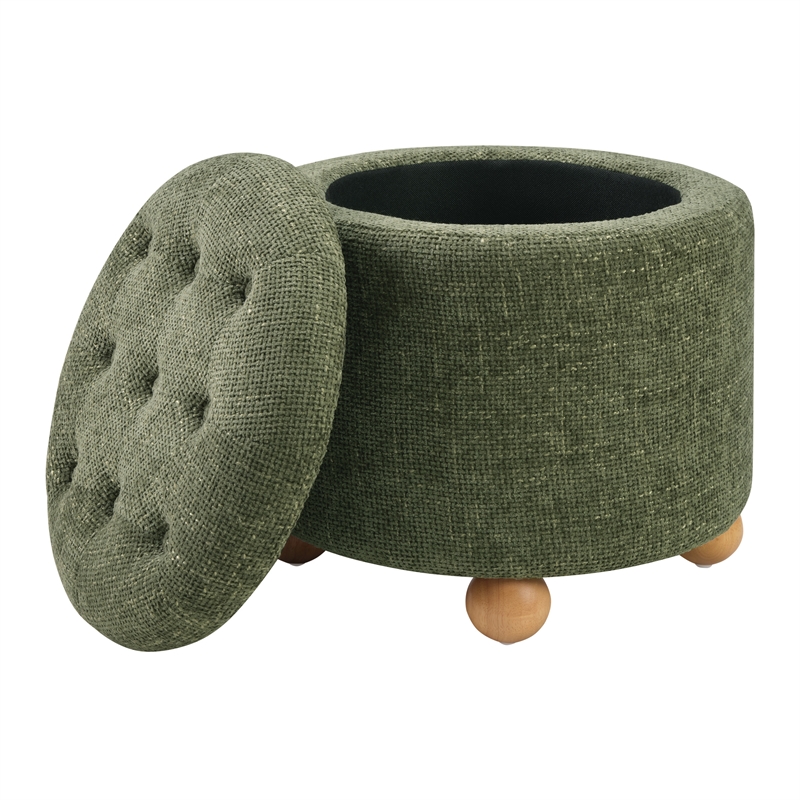 Scranton & Co Round Storage Ottoman in Green Fabric with Natural Wood Feet