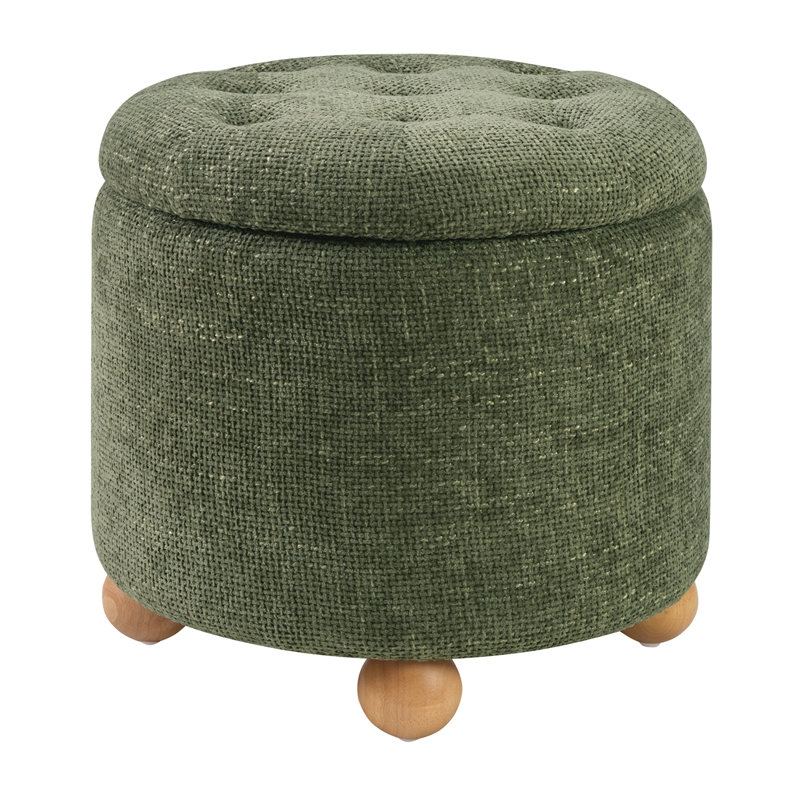 Scranton & Co Round Storage Ottoman in Green Fabric with Natural Wood Feet
