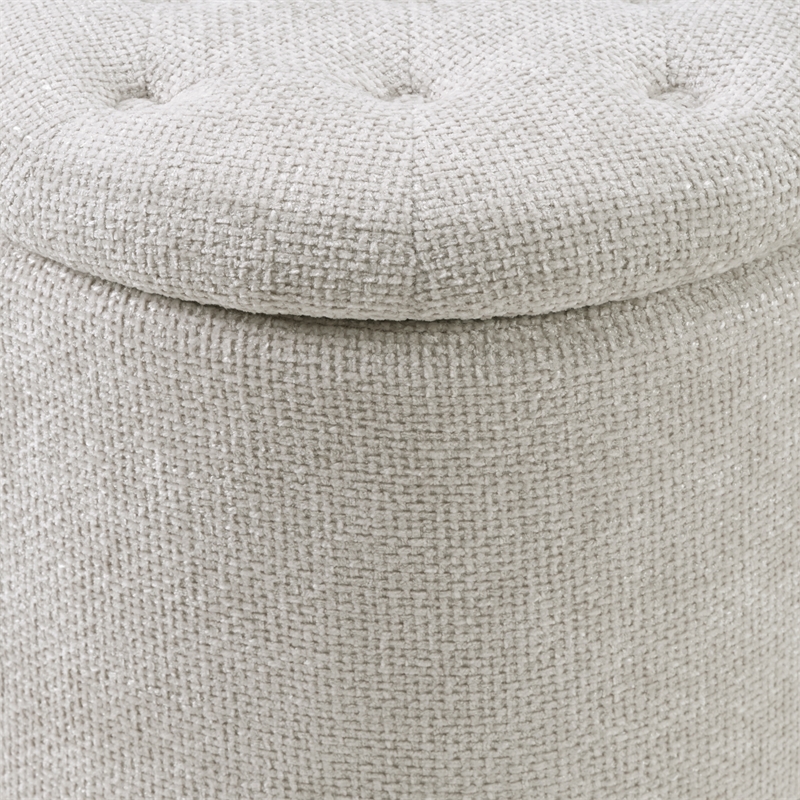 Scranton & Co Round Storage Ottoman in Cream Fabric with Natural Wood Feet