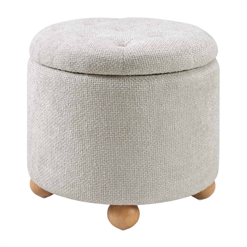 Scranton & Co Round Storage Ottoman in Cream Fabric with Natural Wood Feet