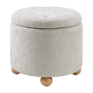 Scranton & Co Round Storage Ottoman in Cream Fabric with Natural Wood Feet