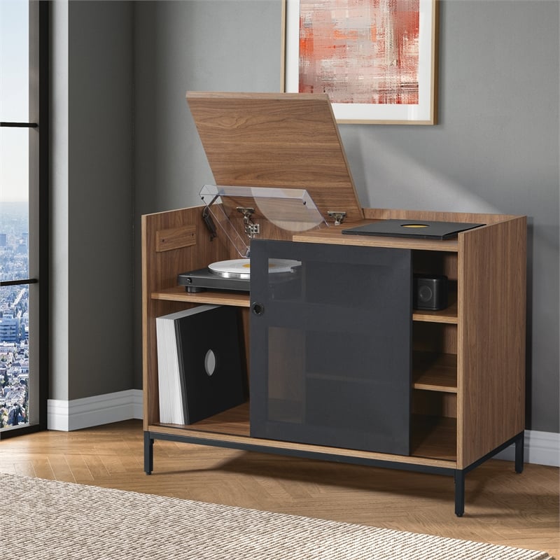Scranton & Co Record Player Stand with Album Storage in Walnut Wood Finish