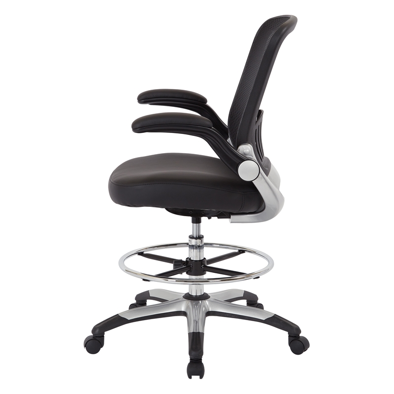 Scranton & Co Mesh Back Drafting Chair with Faux Leather Seat and Flip Arms