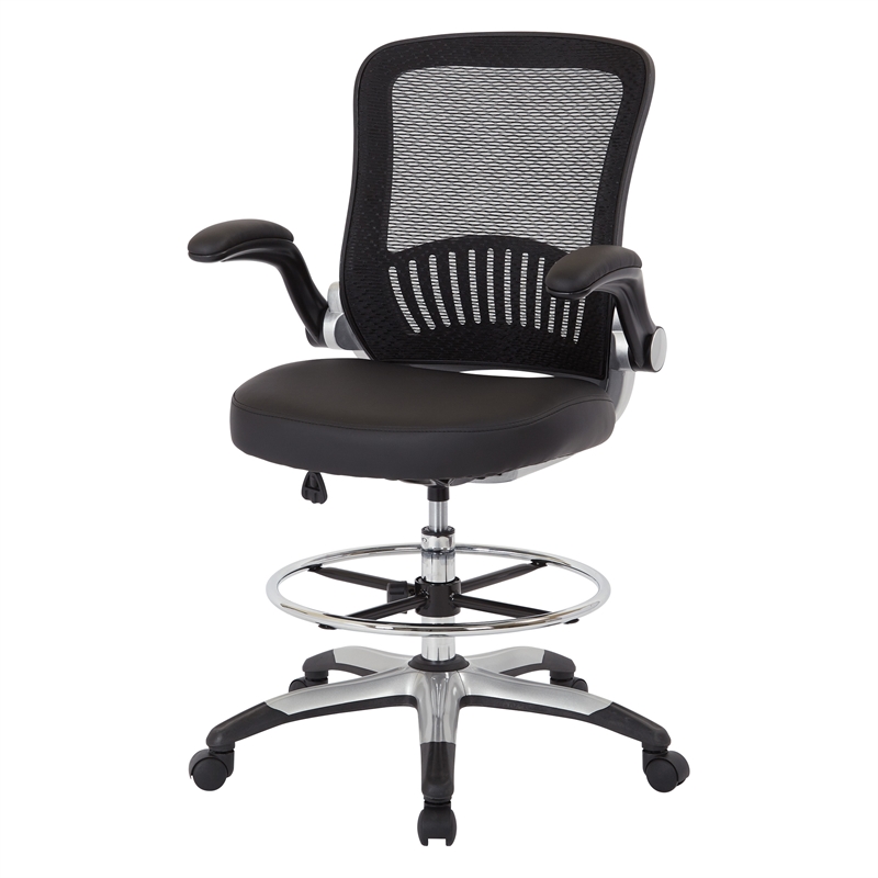 Scranton & Co Mesh Back Drafting Chair with Faux Leather Seat and Flip Arms