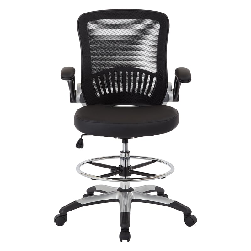 Scranton & Co Mesh Back Drafting Chair with Faux Leather Seat and Flip Arms