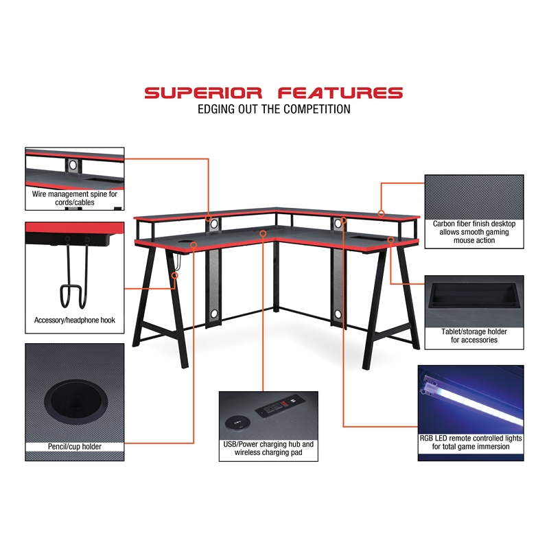 Scranton & Co L-Shape Gaming Desk in Black with RGB LEDs and Wireless Charger