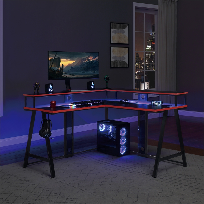 Scranton & Co L-Shape Gaming Desk in Black with RGB LEDs and Wireless Charger
