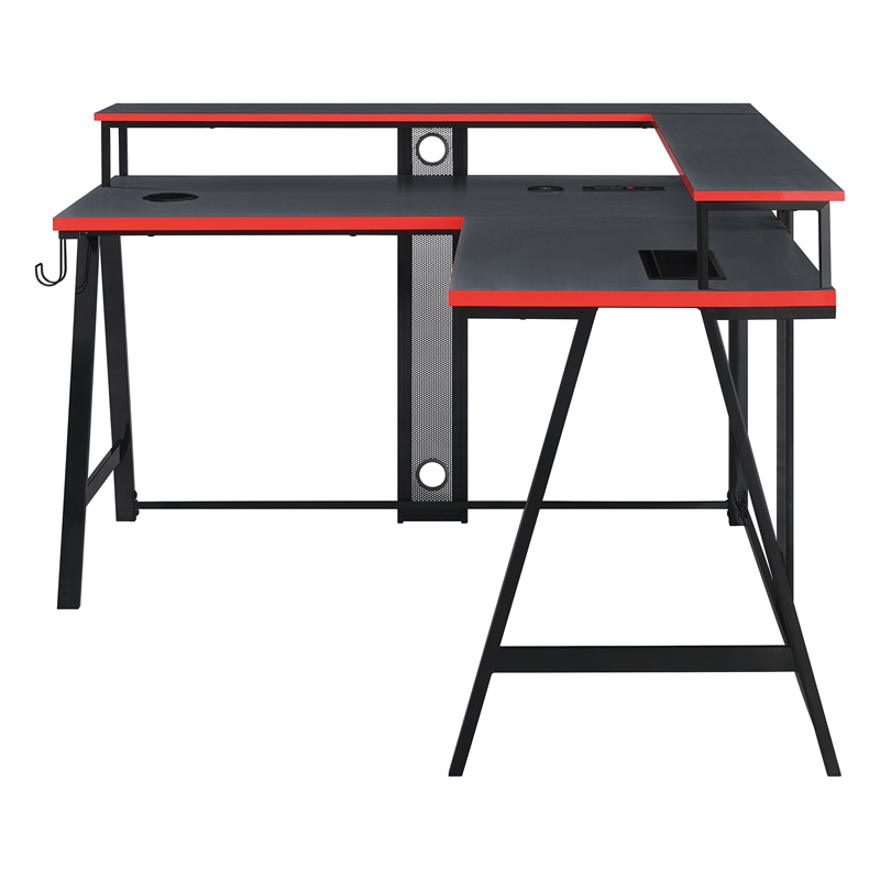 Scranton & Co L-Shape Gaming Desk in Black with RGB LEDs and Wireless Charger