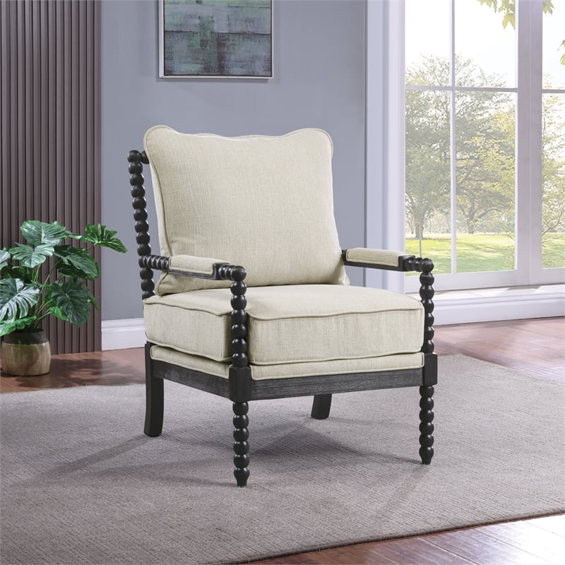 Scranton & Co Spindle Accent Chair in Linen Beige Fabric with Wood Frame