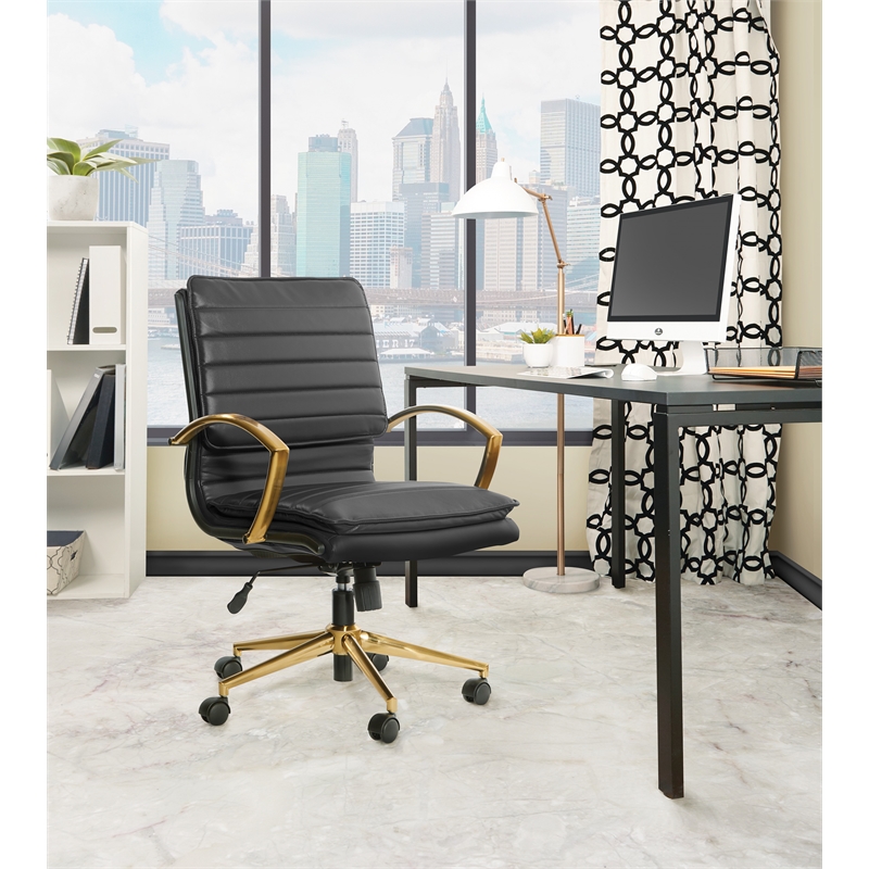 Scranton & Co Mid-Back Office Chair in Black Faux Leather with Gold Base