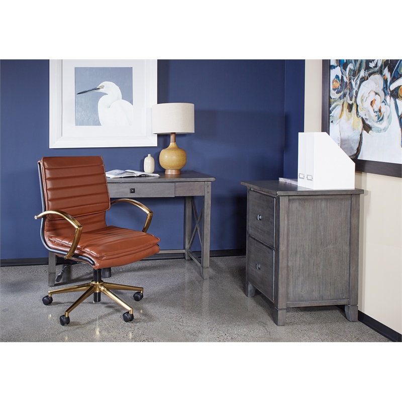 Scranton & Co Mid-Back Saddle Brown Faux Leather Chair with Gold Finish