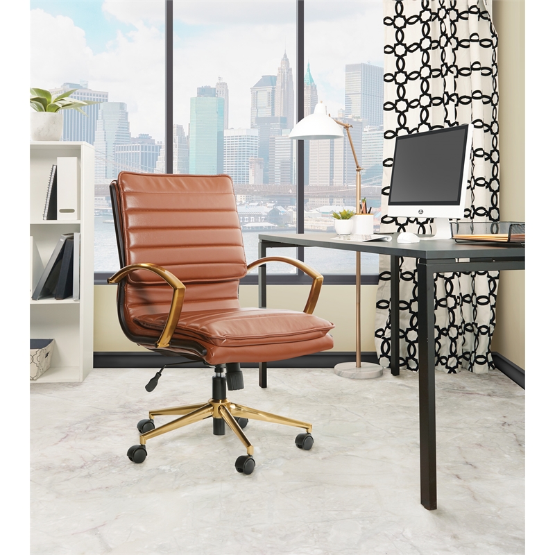 Scranton & Co Mid-Back Saddle Brown Faux Leather Chair with Gold Finish