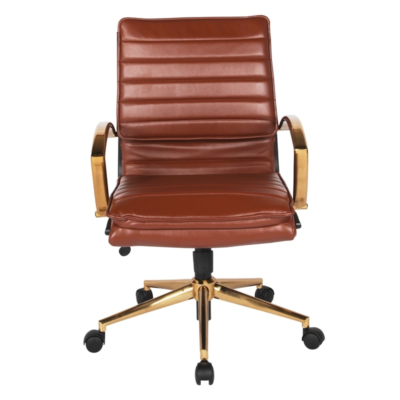 Scranton & Co Mid-Back Saddle Brown Faux Leather Chair with Gold Finish