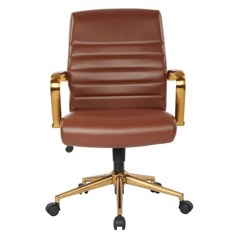 Scranton & Co Mid-Back Saddle Brown Faux Leather Office Chair Gold Frame